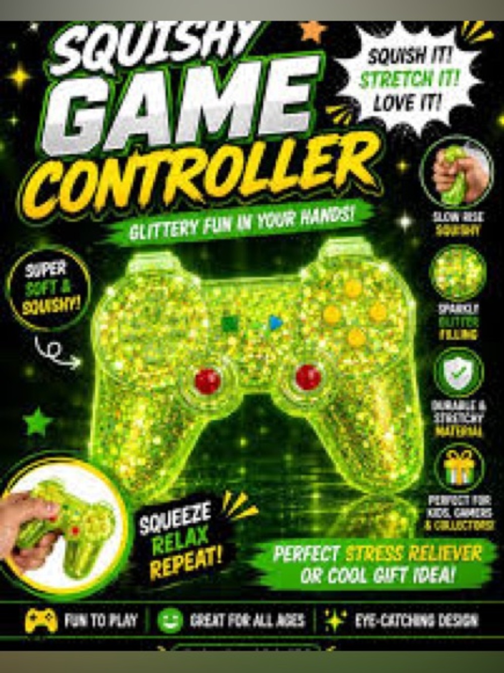Squishy Squeeezy Game Controller Stress Toy - Green Glitter